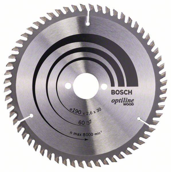 Kreissägeblatt mit 190 mm Durchmesser, 60 Zähnen, geeignet für Holz. Marke: Bosch Optiline. Maximale Geschwindigkeit: 8000 min⁻¹.