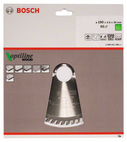 Verpackung einer Bosch Optiline Wood-Kreissägeklinge. Zeigt das Sägeblatt und Beschreibungen zur Größe und Eignung für Holz.