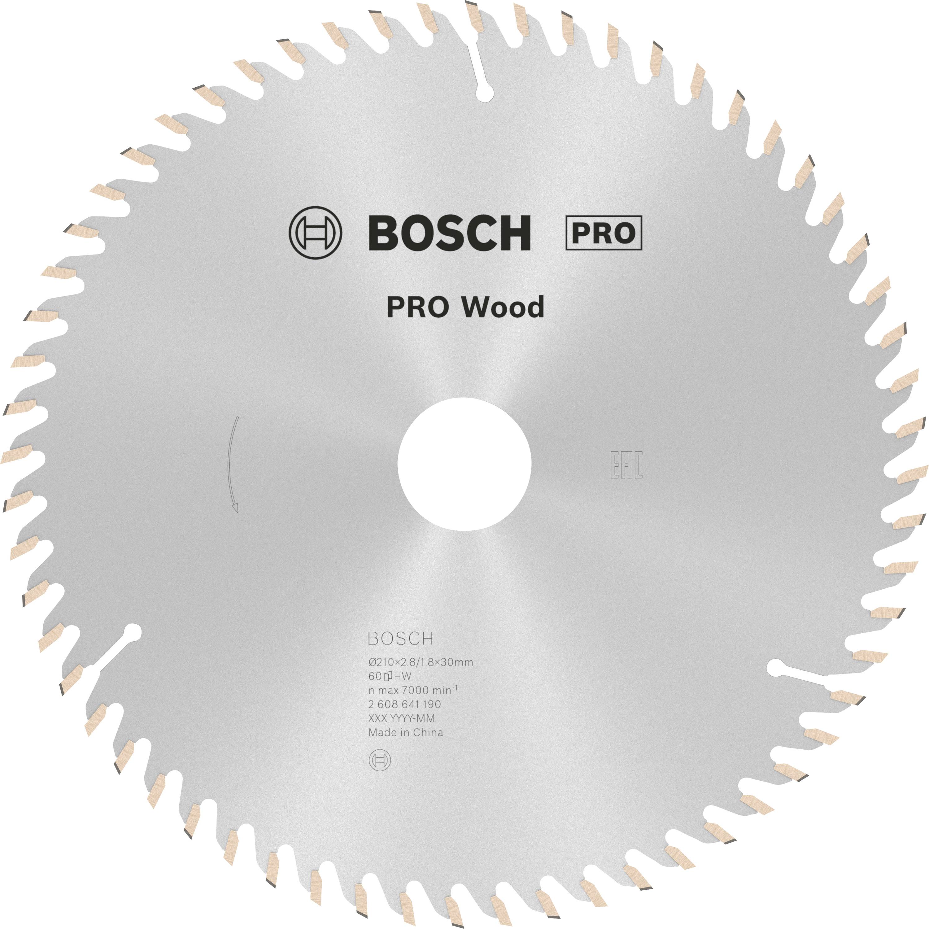 Sägeblatt der Marke Bosch, Modell PRO Wood, geeignet für Holzschneidearbeiten. Rund, silbern, mit gleichmäßig verteilten Zähnen.