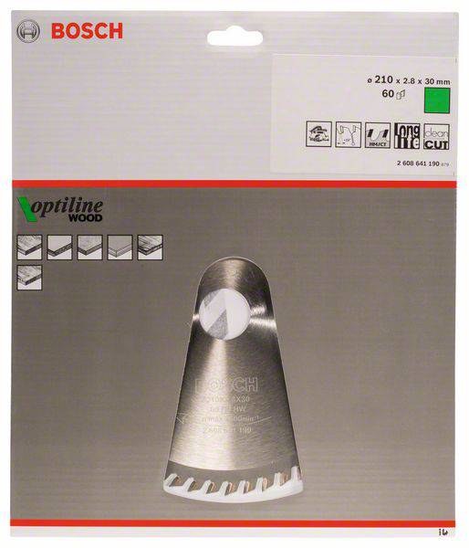 'Bosch' Kreissägeblatt für Holz 'Optiline', 210 x 30 mm, 60 Zähne, verpackt in einer rechteckigen Verpackung.