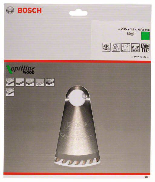 Verpackung einer Bosch Optiline Wood Sägeklinge. Abmessungen: 235 x 2,8 x 30/25 mm, 60 Zähne. Geeignet für Holz, lange Lebensdauer.