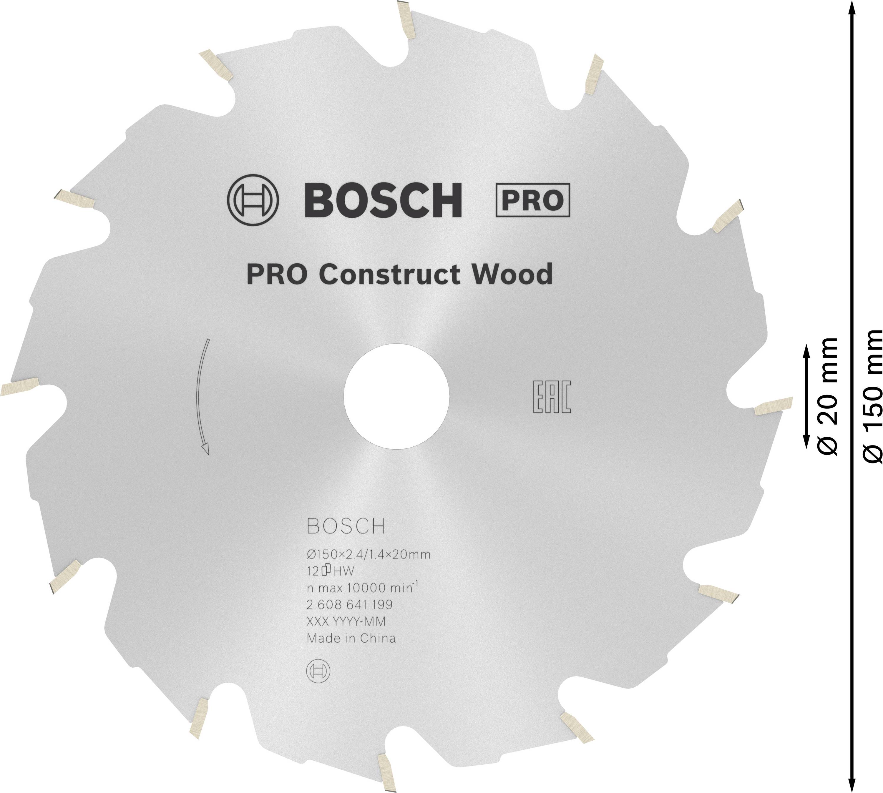 Kreissägeblatt 'BOSCH PRO Construct Wood', Ø150 mm, für Holzkonstruktionen, 12 Zähne, Hergestellt in China.