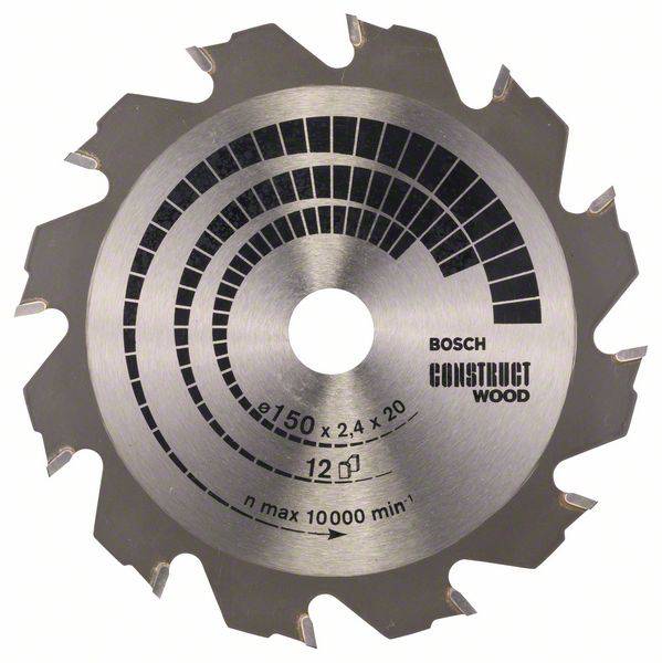 Metallsägeblatt mit markanten Zähnen und aufgedruckter Information: 'Bosch Construct Wood', Durchmesser 150 mm, geeignet für Holzarbeiten.