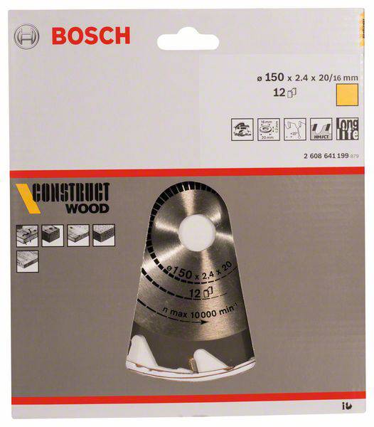 'Bosch Sägeblatt für Konstruktionsholz', 150 mm x 2,4 mm, 20/16 mm Bohrung, 12 Zähne, Bild eines Sägeblatts auf Verpackung abgebildet.