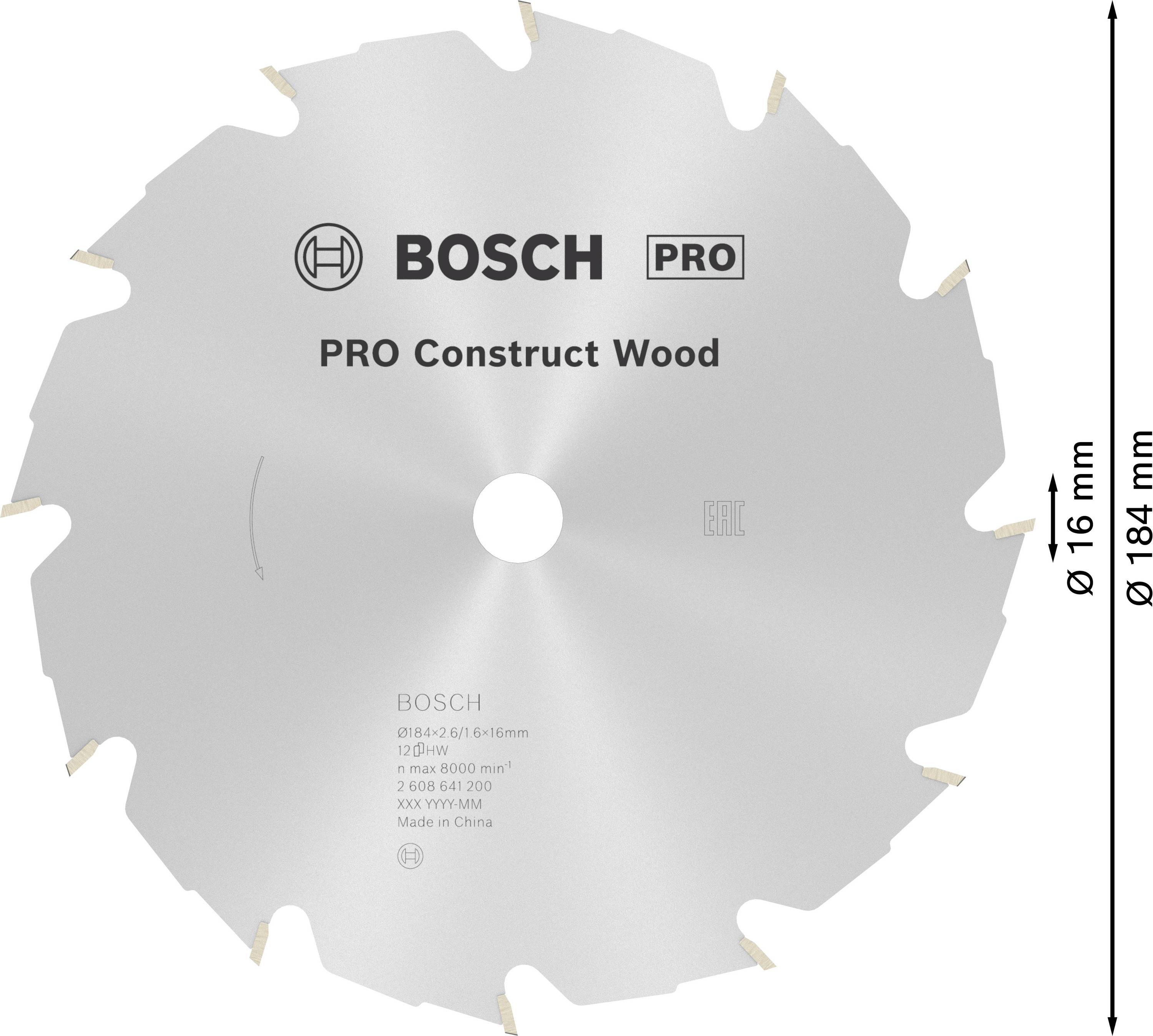 Kreissägeblatt von Bosch, Modell PRO Construct Wood, Durchmesser 184 mm, Bohrung 16 mm, geeignet zum Schneiden von Holz.
