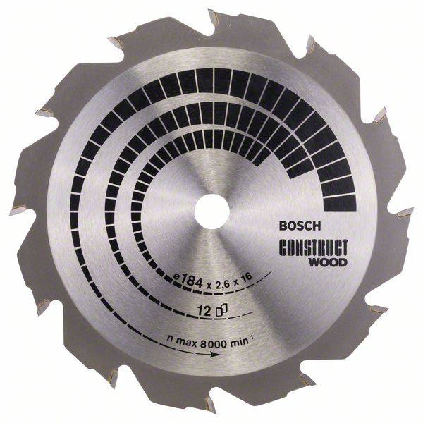 Kreissägeblatt der Marke Bosch, geeignet für Holz, mit Beschriftungen: Durchmesser 184 mm, Zähnezahl 16, maximale Drehzahl 8000 U/min.