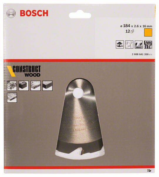 'Bosch Kreissägeblatt für Holz, 184 x 2,6 x 16 mm, 12 Zähne, langlebige Ausführung.' Verpackung mit Bild des Blattes und Piktogrammen.