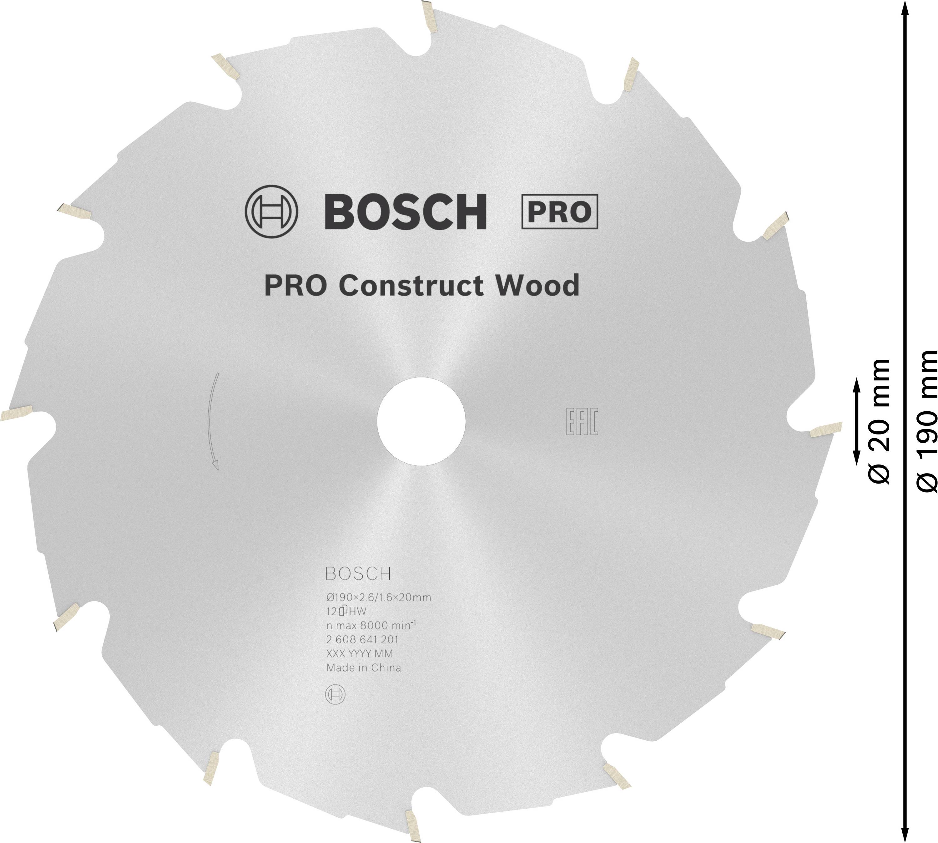 Kreissägeblatt von Bosch, Modell 'PRO Construct Wood', geeignet für Holzarbeiten, Durchmesser: 200 mm, Bohrungsdurchmesser: 30 mm.