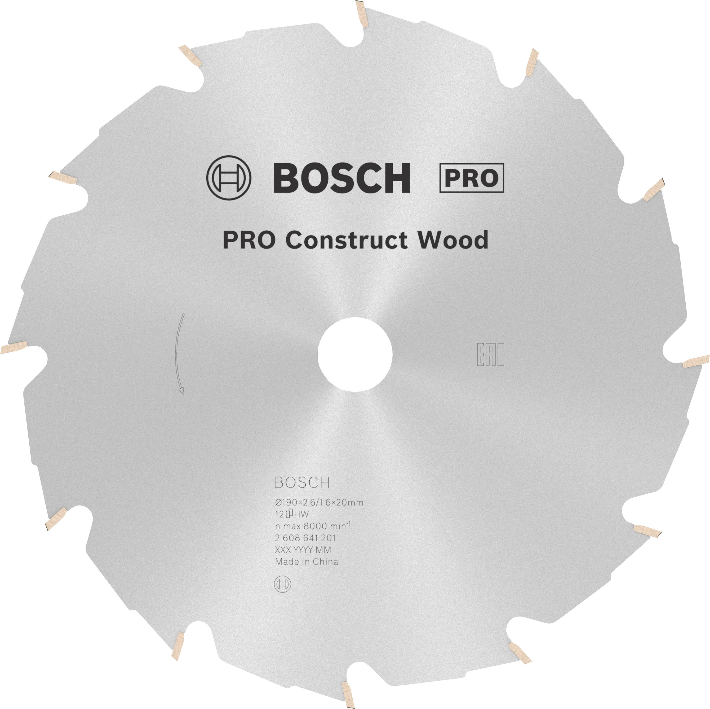 Sägeblatt der Marke Bosch, Modell 'PRO Construct Wood', geeignet für Holzbearbeitung. Enthält technische Details wie Maße und Leistung.