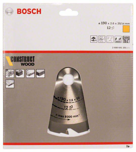 Bosch Kreissägeblatt für Holz, 190 x 2,6 x 20/16 mm. Geeignet für Holzverarbeitung. Abbildung zeigt Verpackung mit Blattdesign.