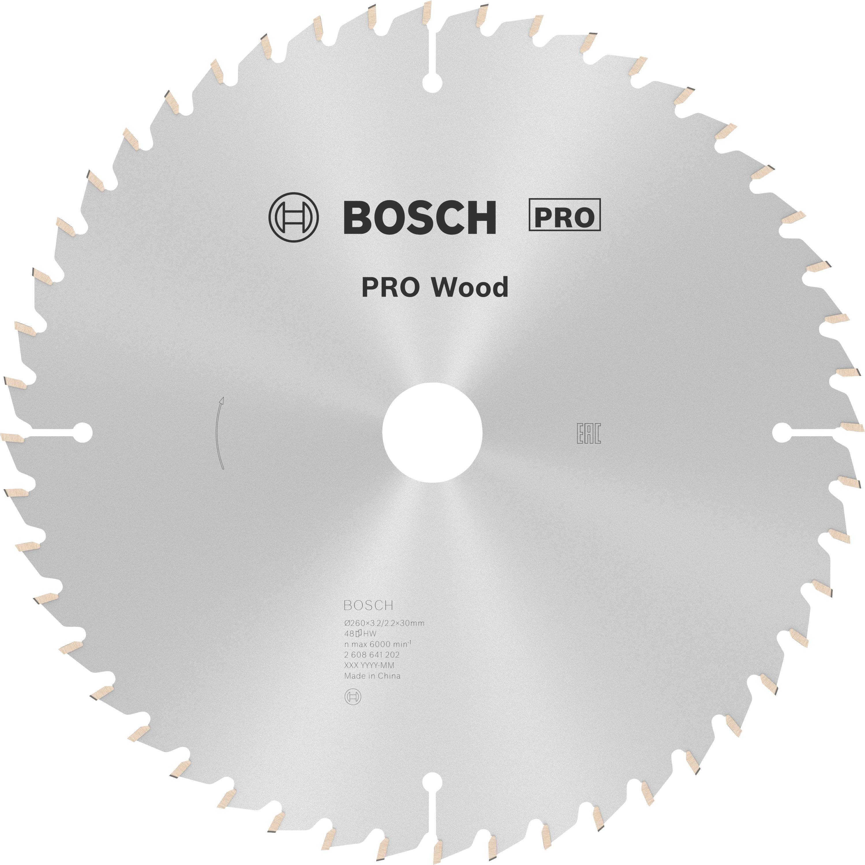 Kreissägeblatt von Bosch, beschriftet mit 'Pro Wood', für holzverarbeitende Anwendungen. Silberne Farbe mit gezacktem Rand.