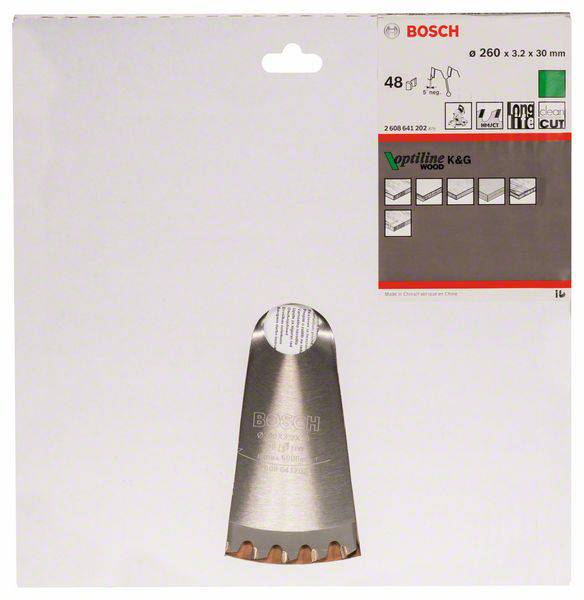 Verpackung von Bosch-Sägeblatt mit 48 Zähnen, geeignet für Holz. Optiline Wood-Produktbeschreibung und technische Details sichtbar.