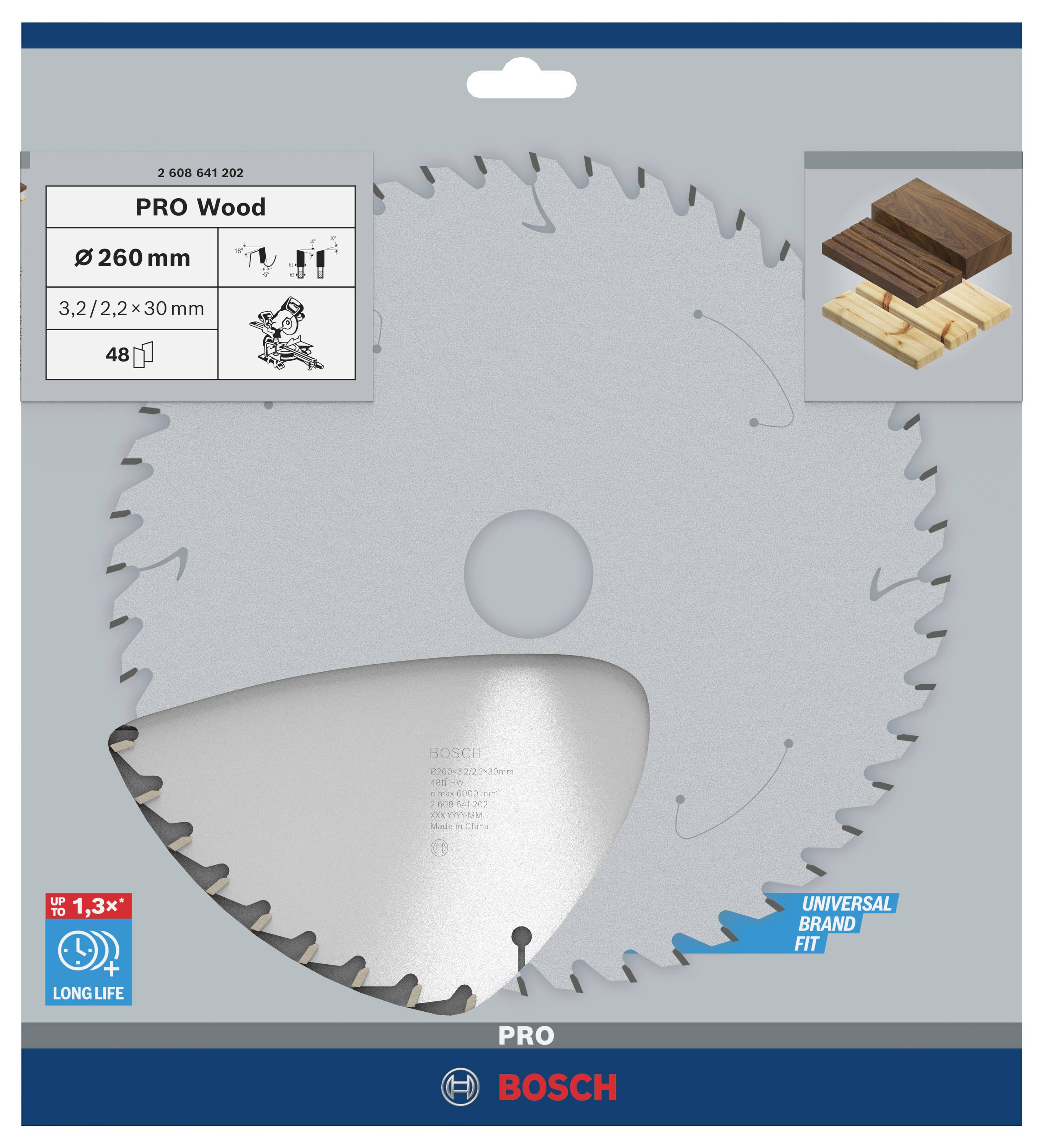 Kreissägeblatt für Holz, 260 mm Durchmesser, Dicke 3,2 mm. Abgebildet mit Holzblöcken. Marke Bosch, langlebig, professionelle Nutzung.