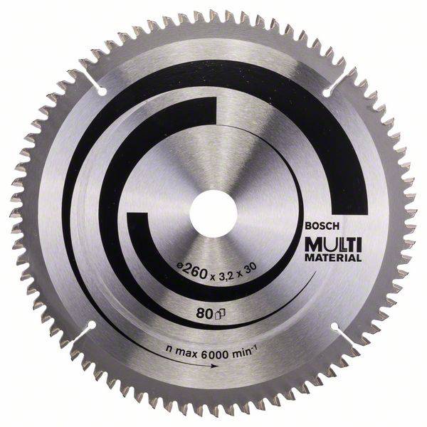 Kreissägeblatt der Marke Bosch für Multi-Materialien, Durchmesser 260 mm, 80 Zähne, max. 6000 U/min.