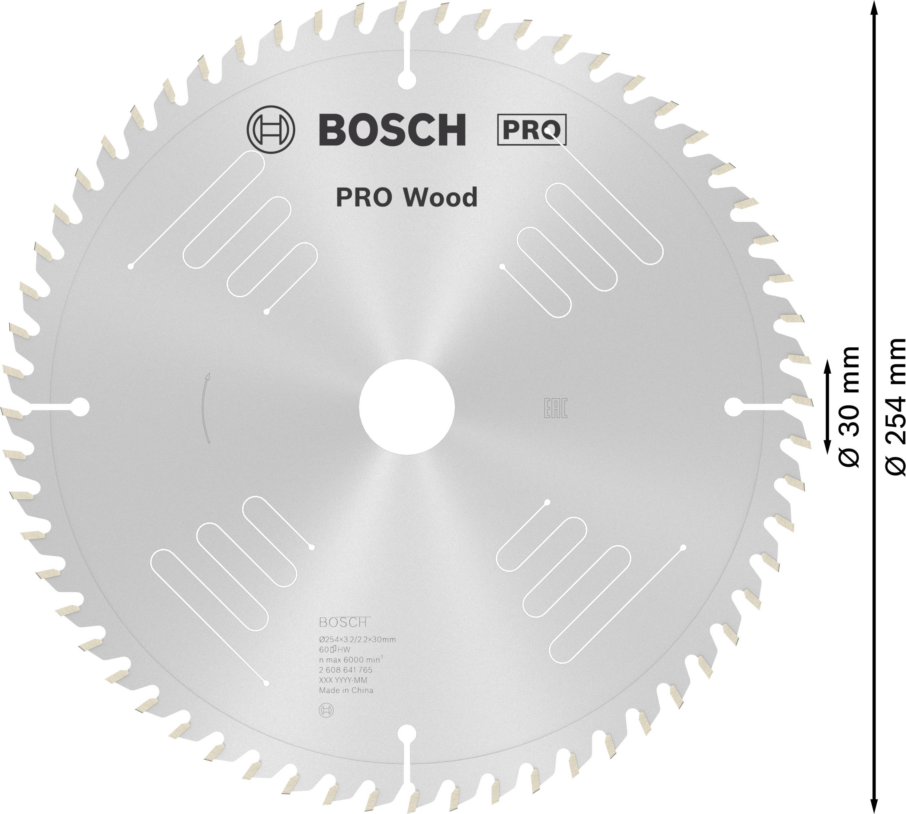 Kreissägeblatt von Bosch, Modell 'PRO Wood', Außendurchmesser 254 mm. Geeignet für Holzbearbeitung.