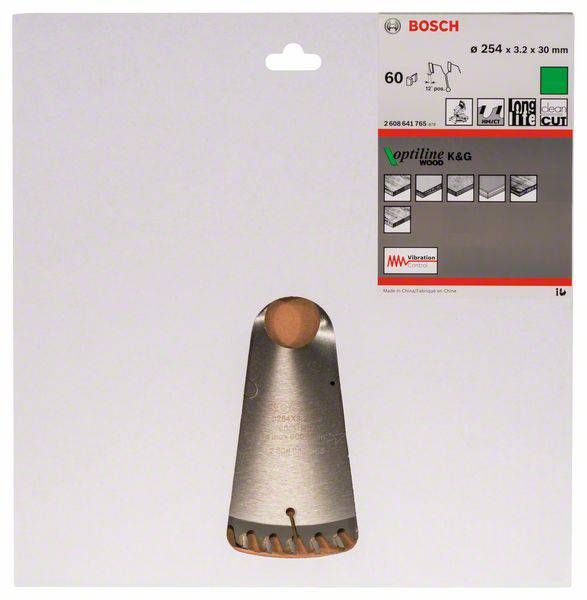 Verpackung einer Bosch-Sägeblattscheibe, geeignet für Holzarbeiten, mit Spezifikationen: 254 x 3,2 x 30 mm, 60 Zähne.