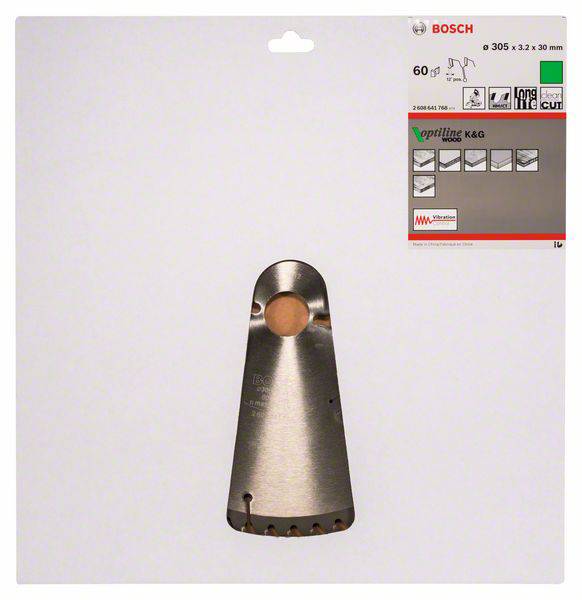Metallsägeblatt für Bosch-Geräte, geeignet für Metalltrennungen, mit '60 geriffelten Zähnen' gekennzeichnet. Verpackung zeigt Logo und Spezifikationen.