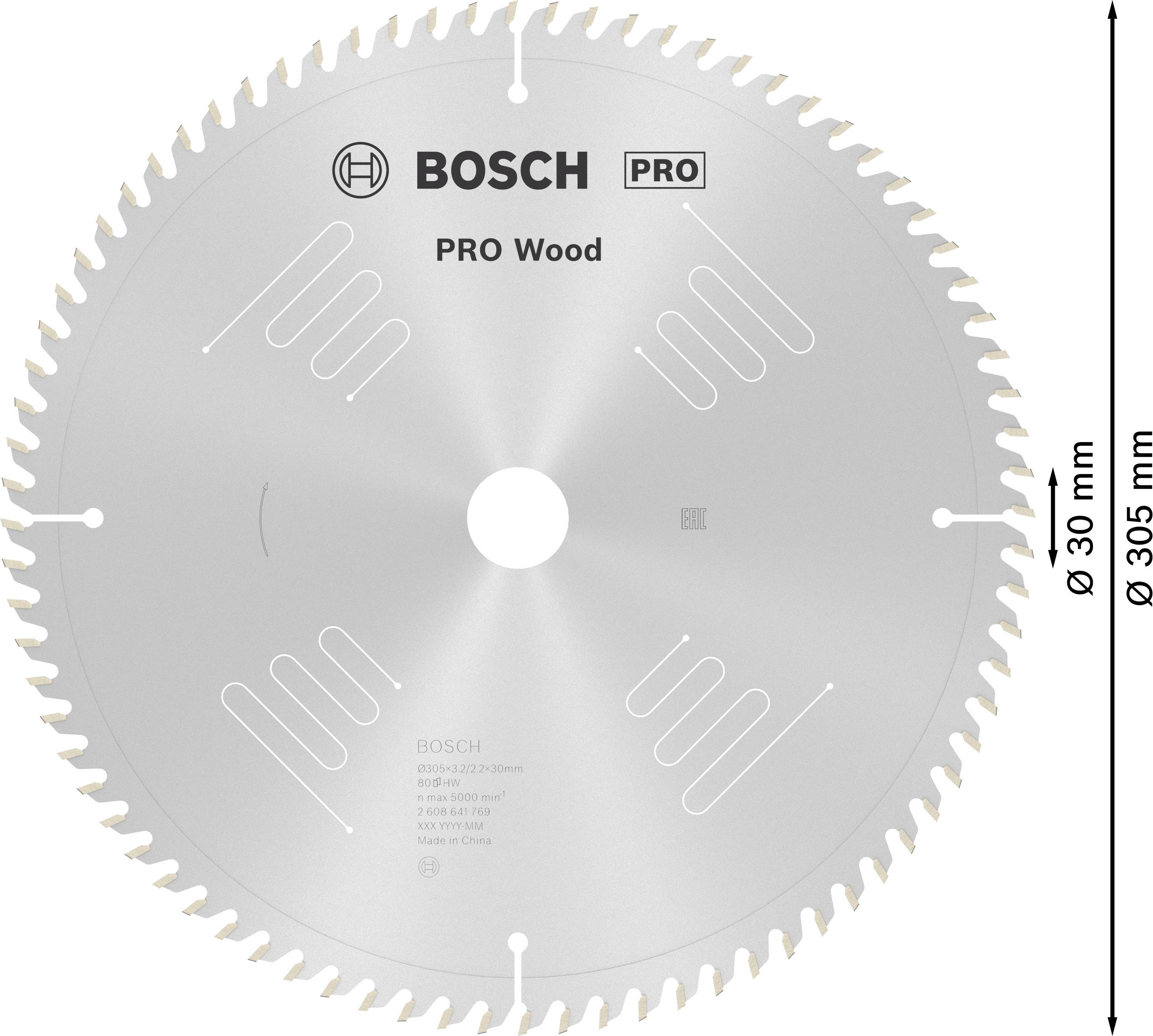 Sägeblatt von Bosch für Holz mit 80 Zähnen, Durchmesser 305 mm, Bohrung 30 mm, geeignet für Tisch-und Kappsägen.