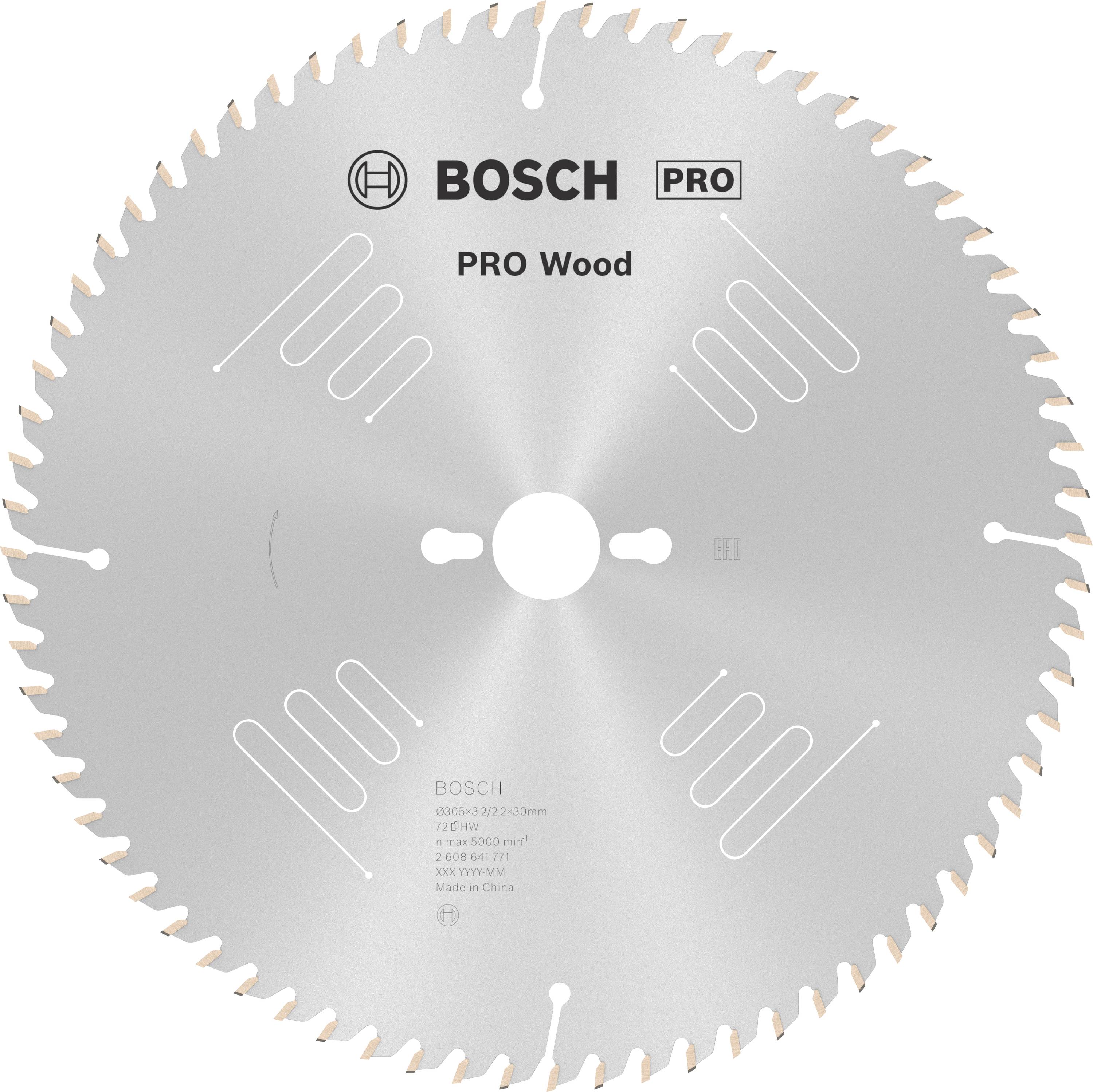 Kreissägeblatt mit der Aufschrift 'Bosch PRO Wood', geeignet für Holzschnitte. 48 Zähne, Durchmesser 216 mm, Drehzahl 5000 U/min.