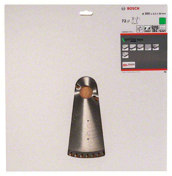 Kreissägeblatt von Bosch für Holzarbeiten, 305 mm Durchmesser, 72 Zähne, auf weißem Hintergrund präsentiert.