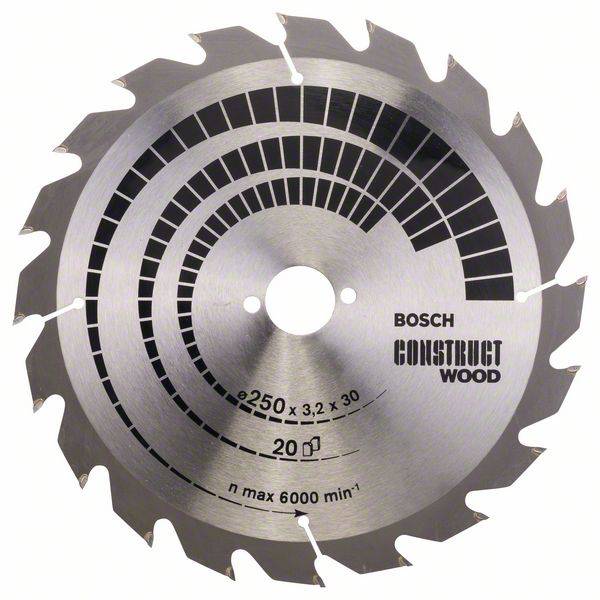 Kreissägeblatt mit der Aufschrift 'Bosch Construct Wood', Durchmesser 250mm, Drehzahl 6000 min⁻¹, 20 Zähne, geeignet für Holz.