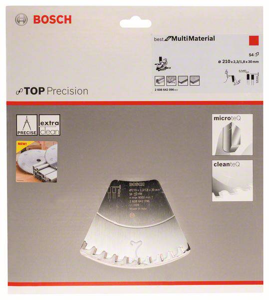'Bosch' Sägeblatt-Verpackung, geeignet für MultiMaterial, Durchmesser 210 mm, 54 Zähne, extra sauberer Schnitt, microteQ, cleaneQ Technologie.