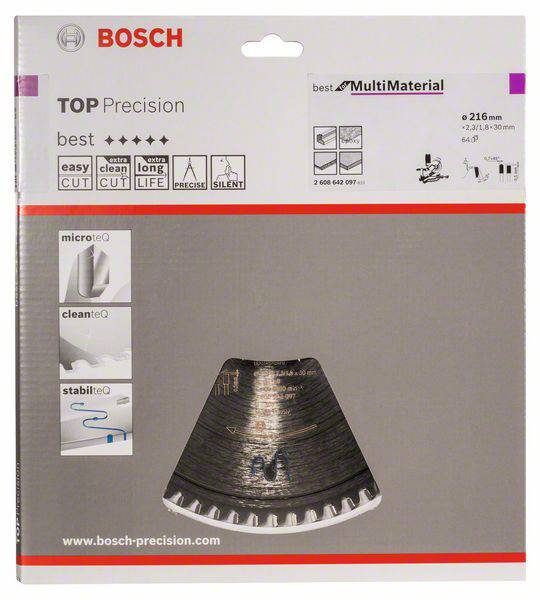 Sägeblatt-Verpackung von Bosch, 216 mm Durchmesser, für MultiMaterial. Enthält Details zu Präzision, Langlebigkeit und Anwendung.