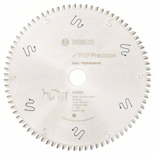 Kreissägeblatt von Bosch mit Aufdruck 'Top Precision' und 'best MultiMaterial'. Durchmesser 216 mm, 80 Zähne, geeignet für verschiedene Materialien.