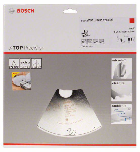 Verpackung eines Bosch 'Top Precision'-Sägeblatts für verschiedene Materialien. Merkmale: präzise, leise, sauber, stabil.