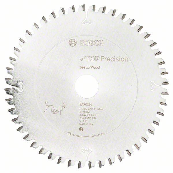 Kreissägeblatt mit 48 Zähnen, geeignet für Holz. Aufdruck: 'TOP Precision best for Wood' und technische Details. Hergestellt in Italien.