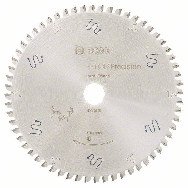 Kreissägeblatt mit Schriftzügen 'Bosch', 'Top Precision', 'best for Wood', silber, gezahnt, für Holzschneiden, hergestellt in Italien.