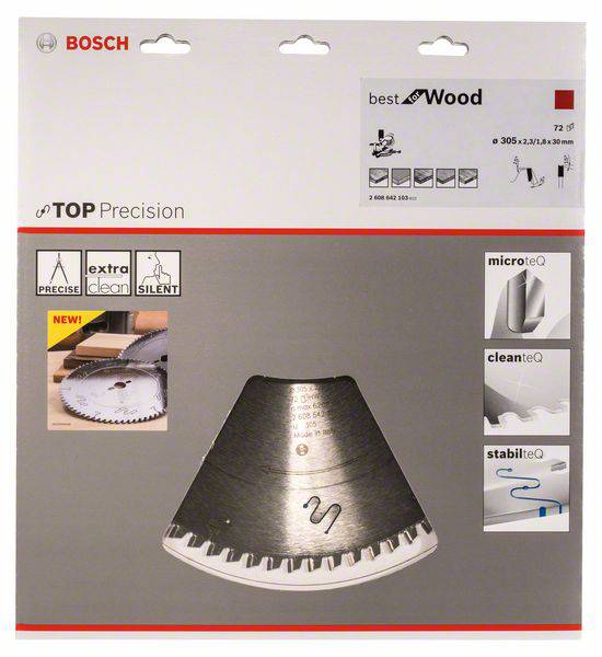 Kreissägeblatt-Verpackung von Bosch, 'top precision'-Serie für Holz, mit Eigenschaften: präzise, extra sauber, leise.