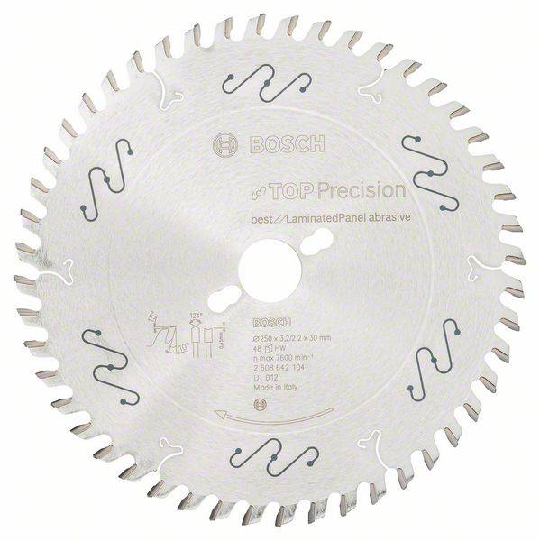 Kreissägeblatt mit 48 Zähnen, Markenname 'Bosch', Modell 'TOP Precision'. Geeignet für laminierte Paneele, im Durchmesser 250 mm.