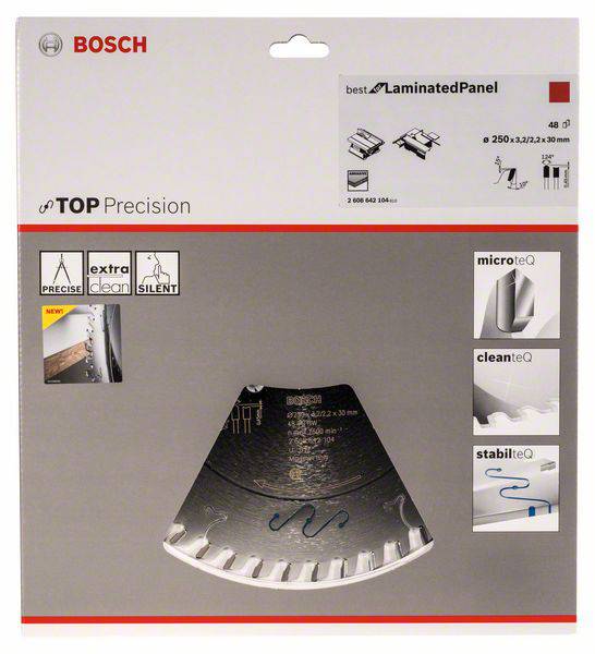 Verpackung einer Bosch Kreissägeblatt 'Top Precision', geeignet für laminiertes Material, mit Symbolen für Präzision, Sauberkeit und Stabilität.
