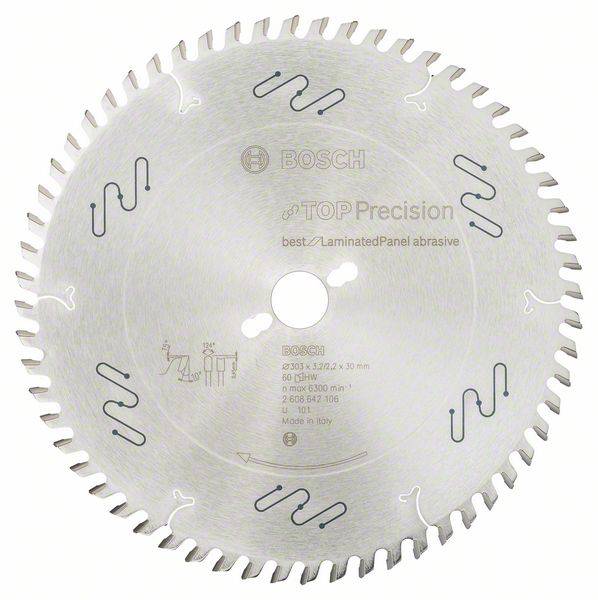 Kreissägeblatt von Bosch mit 60 Zähnen, Aufschrift 'TOP Precision' und 'best for Laminated Panel abrasive', für präzises Schneiden.