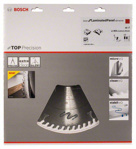 'Bosch' Sägeblattverpackung für Laminatplatten, zeigt ein Sägeblatt mit Mikroverzahnung und Technologien: microteQ, cleanteQ, stabilteQ.