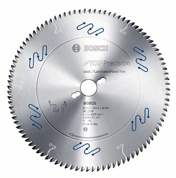 Kreissägeblatt mit blauen Schneideelementen, für präzises Schneiden von Laminatplatten. Marke 'Bosch', Durchmesser 254 mm.
