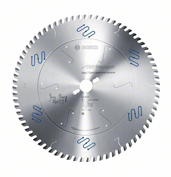 Kreisförmiges Sägeblatt aus Metall mit blauen Einschnitten. Aufschrift 'TOP Precision'. Geeignet für Holz-und Laminate.