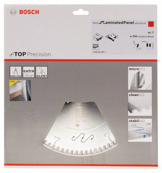 Verpackung einer Bosch Sägeblatt für laminierte Platten. 'TOP Precision' und 'extra clean'. Details zur Größe und Anwendung abgebildet.