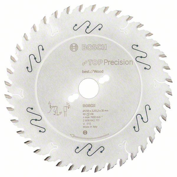 Rundes Sägeblatt von Bosch mit der Aufschrift 'TOP Precision best for Wood', geeignet für Holz. Silvausschnitt und Pfeile auf der Oberfläche.