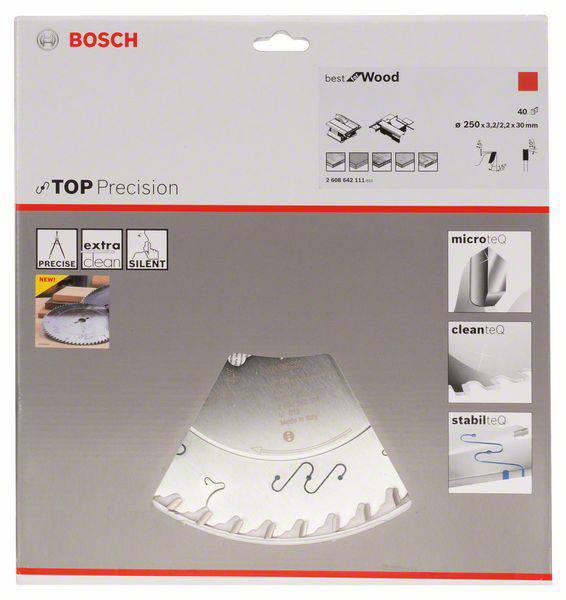 Verpackung einer Bosch Sägeblatt. Enthält Abbildungen und Spezifikationen zu Größe und Eigenschaften wie 'extra clean' und 'silent'.