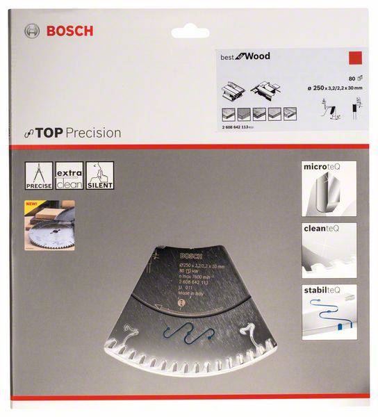 Verpackung für ein Bosch Kreissägeblatt, geeignet für Holz. Merkmale: präzise, extra sauber, leise. Produktbild und Spezifikationen.