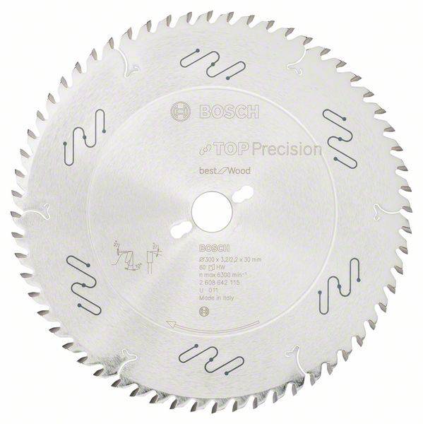 Kreissägeblatt von Bosch, mit Aufschrift 'TOP Precision best for Wood', silberfarben, zeigt Zähne und markierte Pfeile.