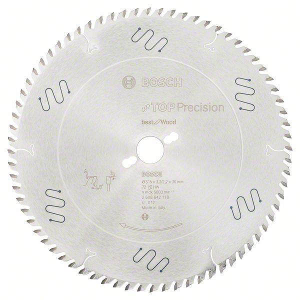 Sägeblatt Bosch Top Precision für Holz, silber, mit mehreren Zähnen und markierter Zentralschraube, geeignet für präzise Schnitte.