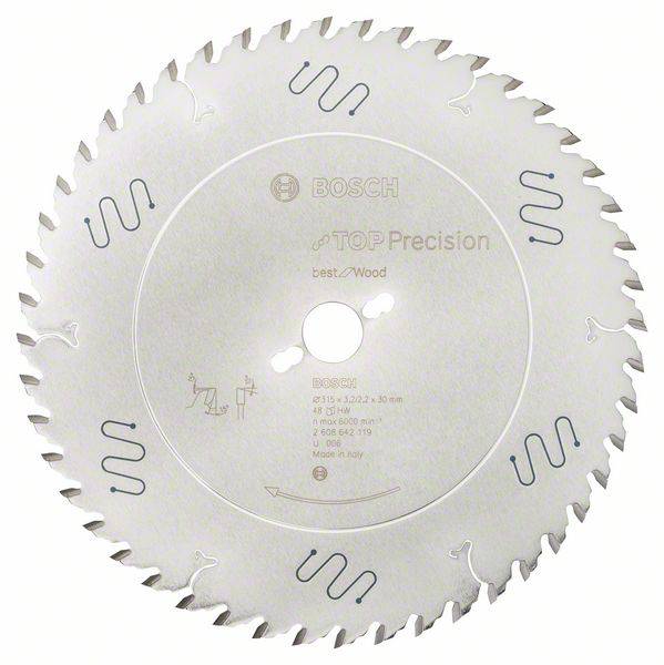 Kreissägeblatt von Bosch, Modell 'Top Precision Best for Wood', mit feinen Zähnen für präzises Holzschneiden. Hergestellt in Italien.