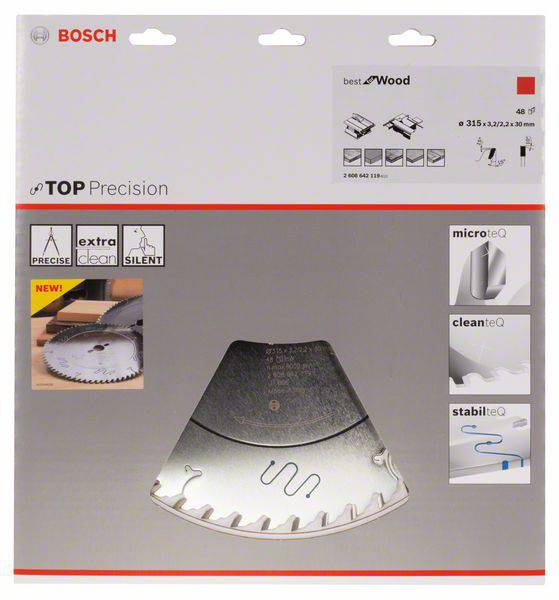 Verpackung einer Bosch Kreissägeblatt 'Top Precision Best for Wood', zeigt Sägeblattdesign und Funktionen wie Präzision und Geräuschreduzierung.