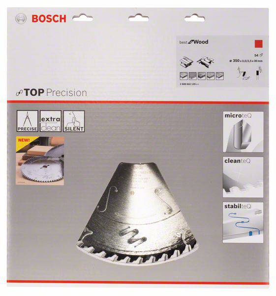 Verpackung einer Bosch Sägeblattscheibe mit Text 'TOP Precision', 'best for Wood'. Abbildungen zeigen Präzision, Sauberkeit, Stabilität.
