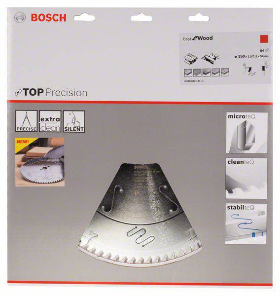 Verpackung einer Bosch Kreissägeblatt für Holz. Merkmale: präzise, extra sauber, leise, mit microteQ, cleaneQ, stabilteQ Technologien.
