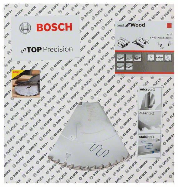 Verpackung einer Bosch Sägeklinge mit 'Top Precision' und 'Best for Wood', zeigt Produkt-Features wie 'Microteq' und 'Stabilteq'.