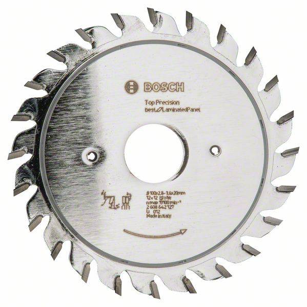 Kreissägeblatt von Bosch, 'Top Precision'. Geeignet für Laminatplatten. Silberfarben mit zwölf Zähnen, symmetrische Anordnung.